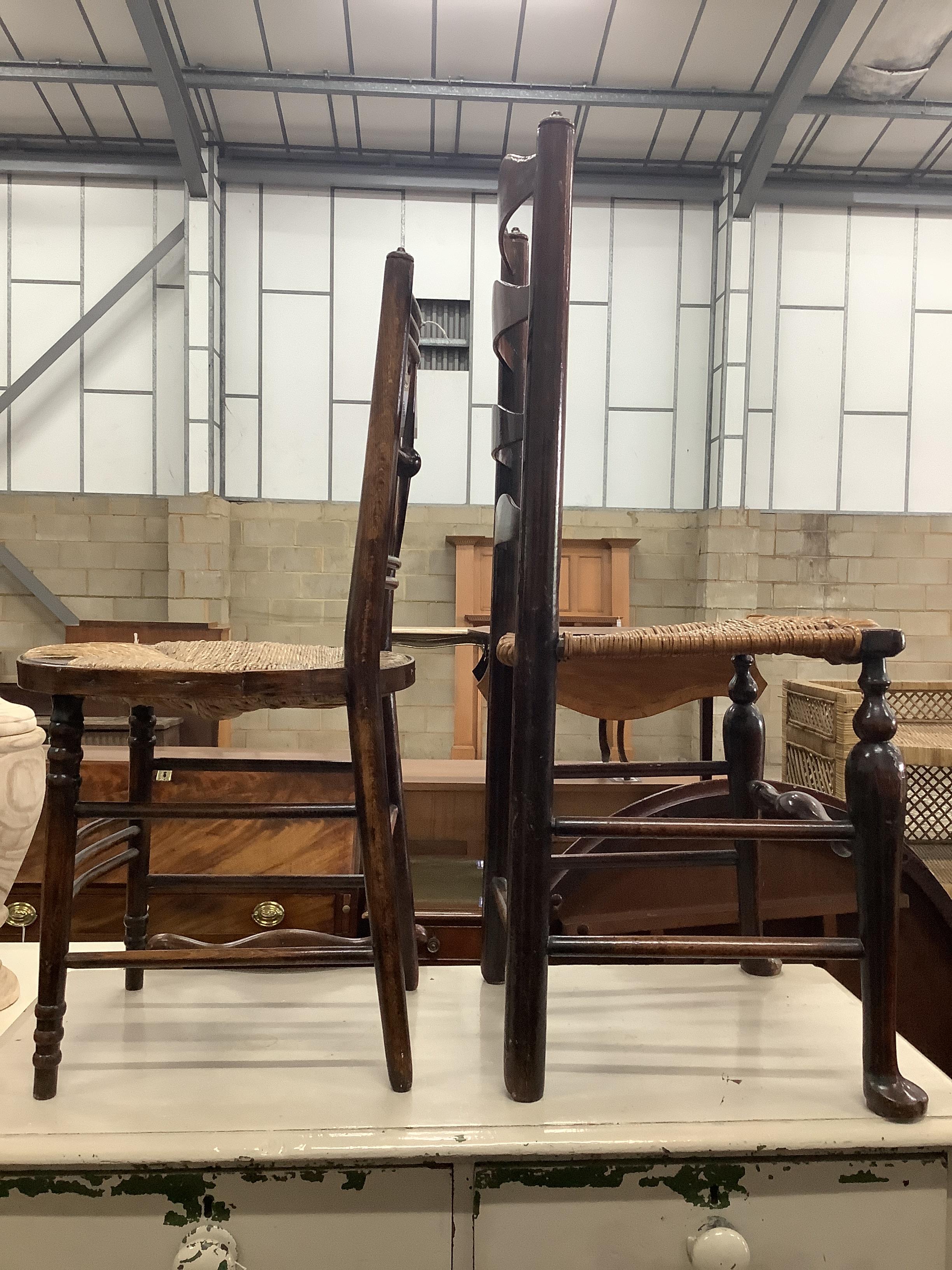 Two 19th century beech and fruitwood rush seat dining chairs